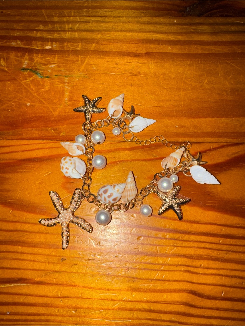 Gold Shell & Starfish Charm Bracelet with Pearls - Women Jewelry